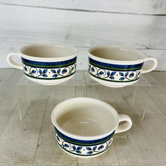 Pfaltzgraff ORLEANS #280 USA Blue Green Vines Yellow Stoneware Soup Mugs Set 3 - Picture 2 of 16